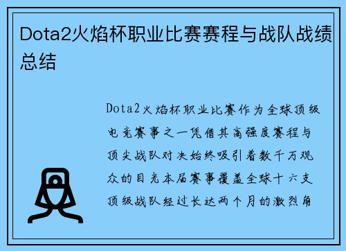 Dota2火焰杯职业比赛赛程与战队战绩总结